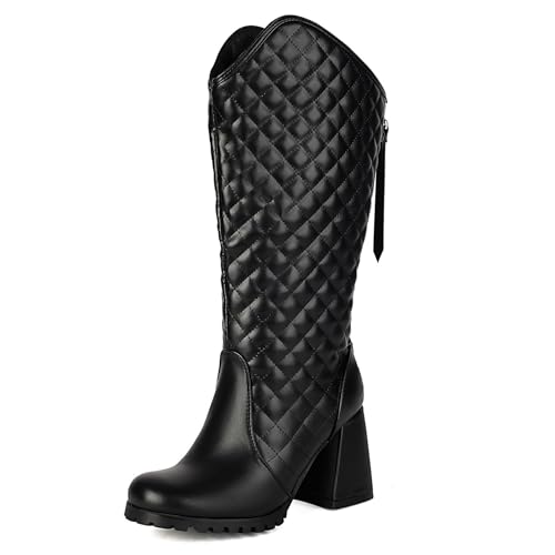 Asterisco Damen Kniehohe Stiefel Hohen Blockabsatz Reißverschluss Runde Zehen 240804 Schwarz Gr 34 EU von Asterisco