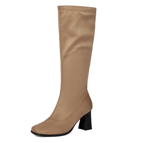 Asterisco Damen Kniehohe Stiefel Hohen Blockabsatz Reißverschluss Runde Zehen 240859 Aprikose Gr 41 EU/43Cn von Asterisco