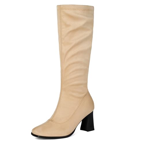 Asterisco Damen Kniehohe Stiefel Hohen Blockabsatz Reißverschluss Runde Zehen 240859 Beige Gr 36.5 EU/37Cn von Asterisco