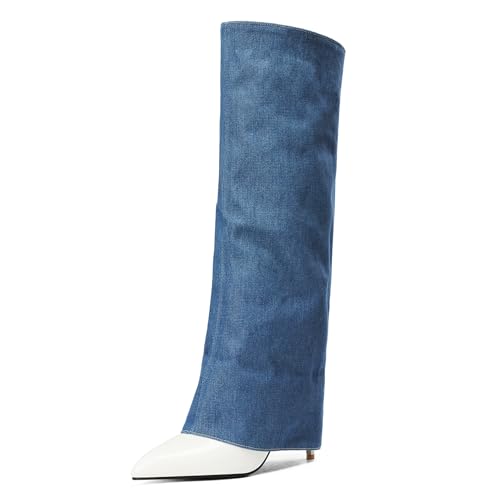 Asterisco Damen Kniehohe Stiefel Stiletto Höhe Ferse Ohne Verschluss Pointed Toe 240919 Blau Gr 37 EU/38Cn von Asterisco