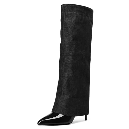 Asterisco Damen Kniehohe Stiefel Stiletto Höhe Ferse Ohne Verschluss Pointed Toe 240919 Schwarz Gr 34 EU von Asterisco