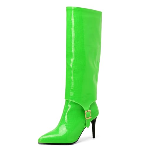 Asterisco Damen Kniehohe Stiefel Stiletto Höhe Ferse Ohne Verschluss Pointed Toe 240923 Grün Gr 41 EU/43Cn von Asterisco