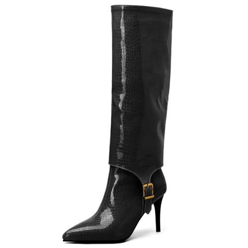 Asterisco Damen Kniehohe Stiefel Stiletto Höhe Ferse Ohne Verschluss Pointed Toe 240923 Schwarz Gr 40.5 EU/42Cn von Asterisco