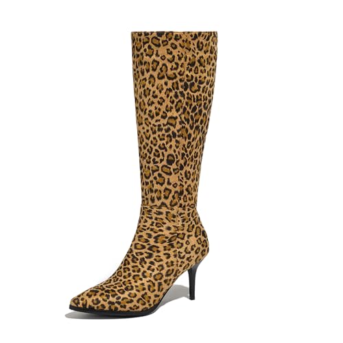 Asterisco Damen Kniehohe Stiefel Stiletto Höhe Ferse Reißverschluss Pointed Toe 240853 Leopard-Print Gr 38 EU/39Cn von Asterisco