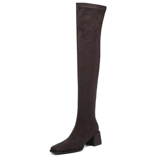 Asterisco Damen Overknee Stiefel Block Mitte Absatz Reißverschluss Square Toe 240792 Braun Gr 33.5 EU/33Cn von Asterisco