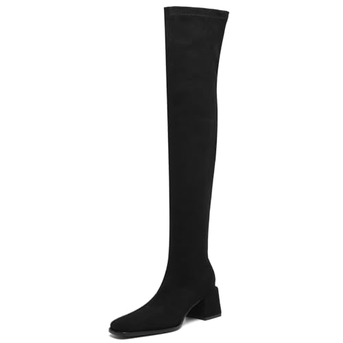 Asterisco Damen Overknee Stiefel Block Mitte Absatz Reißverschluss Square Toe 240792 Schwarz Gr 38 EU/39Cn von Asterisco