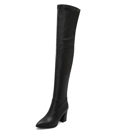 Asterisco Damen Overknee Stiefel Hohen Blockabsatz Ohne Verschluss Pointed Toe 240891 Schwarz Gr 45 EU/47Cn von Asterisco