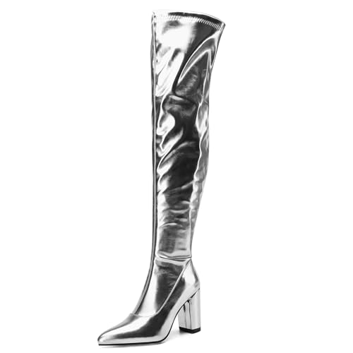 Asterisco Damen Overknee Stiefel Hohen Blockabsatz Reißverschluss Pointed Toe 240930 Silber Gr 39 EU/40Cn von Asterisco