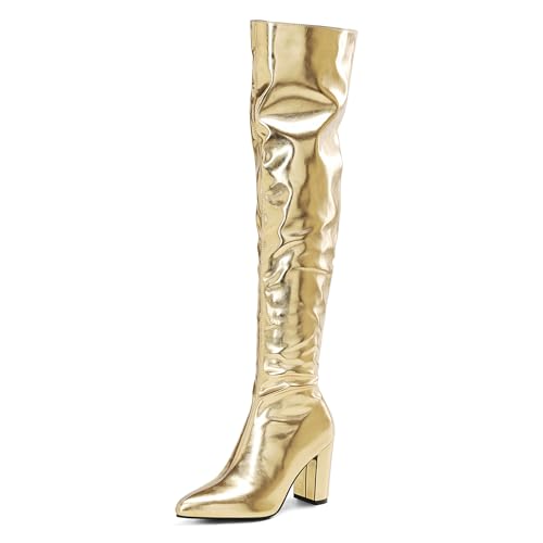 Asterisco Damen Overknee Stiefel Hohen Blockabsatz Reißverschluss Pointed Toe 240931 Gold Gr 40.5 EU/42Cn von Asterisco