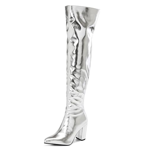 Asterisco Damen Overknee Stiefel Hohen Blockabsatz Reißverschluss Pointed Toe 240931 Silber Gr 40.5 EU/42Cn von Asterisco
