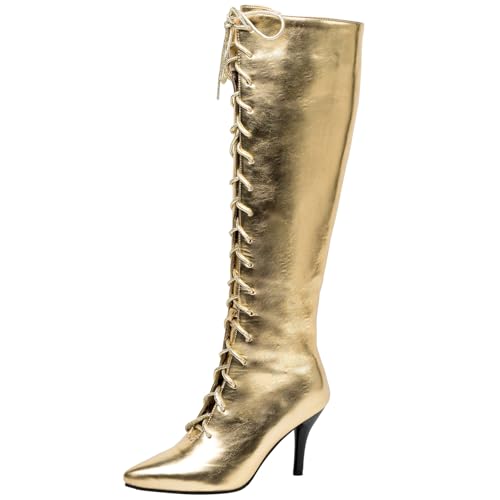 Asterisco Damen Overknee Stiefel Kitten Heel Reißverschluss Pointed Toe 240915 Gold Gr 41 EU/43Cn von Asterisco