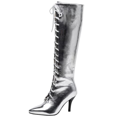Asterisco Damen Overknee Stiefel Kitten Heel Reißverschluss Pointed Toe 240915 Silber Gr 33.5 EU/33Cn von Asterisco