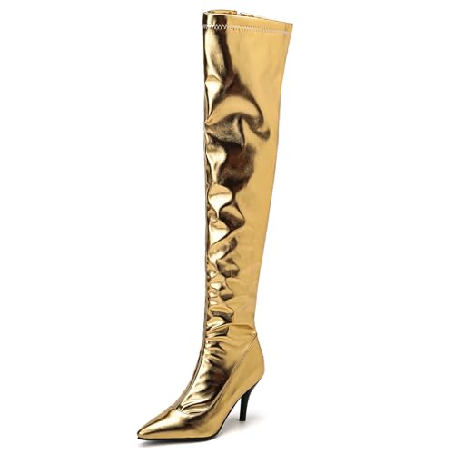 Asterisco Damen Overknee Stiefel Stiletto Höhe Ferse Reißverschluss Pointed Toe 240922 Gold Gr 42 EU/44Cn von Asterisco