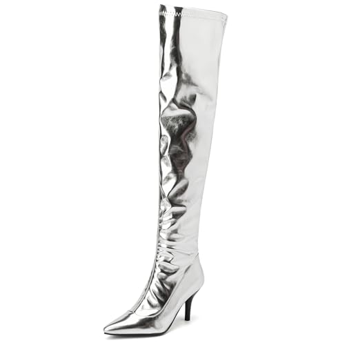Asterisco Damen Overknee Stiefel Stiletto Höhe Ferse Reißverschluss Pointed Toe 240922 Silber Gr 40 EU/41Cn von Asterisco