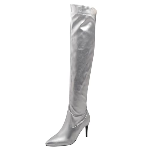 Asterisco Damen Overknee Stiefel Stiletto Höhe Ferse Reißverschluss Pointed Toe 240957 Silber Gr 39 EU/40Cn von Asterisco