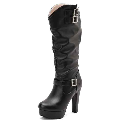 Asterisco Damen Plateau Hohe Stiefel Hohen Blockabsatz Ohne Verschluss Runde Zehen 240901 Schwarz Gr 48 EU/50Cn von Asterisco