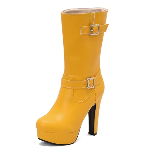 Asterisco Damen Plateau Hohe Stiefel Hohen Blockabsatz Ohne Verschluss Runde Zehen 240902 Gelb Gr 42 EU/44Cn von Asterisco