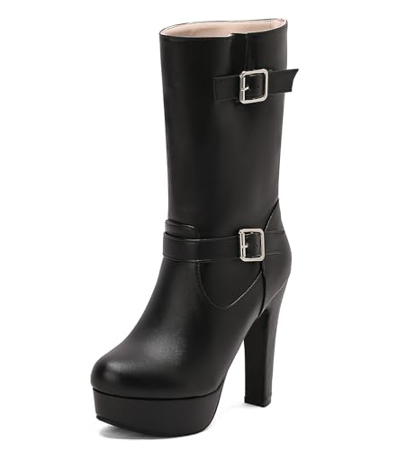 Asterisco Damen Plateau Hohe Stiefel Hohen Blockabsatz Ohne Verschluss Runde Zehen 240902 Schwarz Gr 43 EU/45Cn von Asterisco