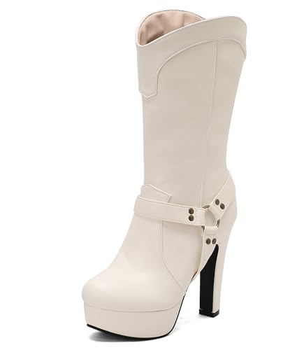 Asterisco Damen Plateau Hohe Stiefel Hohen Blockabsatz Ohne Verschluss Runde Zehen 240906 Weiß Gr 48 EU/50Cn von Asterisco