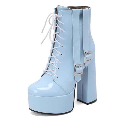 Asterisco Damen Plateau Hohe Stiefel Hohen Blockabsatz Reißverschluss Runde Zehen 240890 Blau Gr 44 EU/46Cn von Asterisco