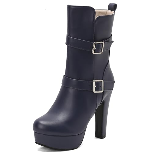 Asterisco Damen Plateau Hohe Stiefel Hohen Blockabsatz Reißverschluss Runde Zehen 240896 Blau Gr 41 EU/43Cn von Asterisco