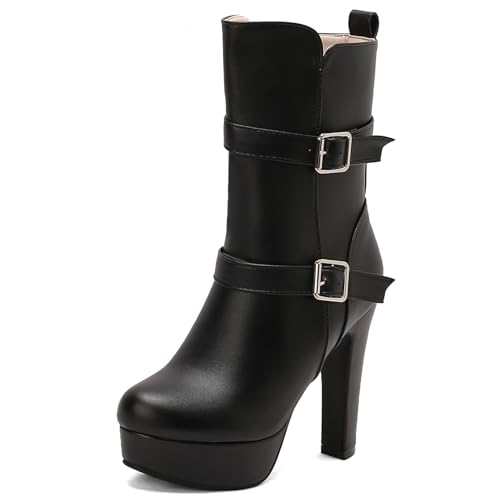 Asterisco Damen Plateau Hohe Stiefel Hohen Blockabsatz Reißverschluss Runde Zehen 240896 Schwarz Gr 45 EU/47Cn von Asterisco