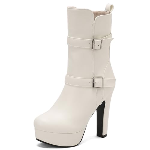 Asterisco Damen Plateau Hohe Stiefel Hohen Blockabsatz Reißverschluss Runde Zehen 240896 Weiß Gr 39 EU/40Cn von Asterisco