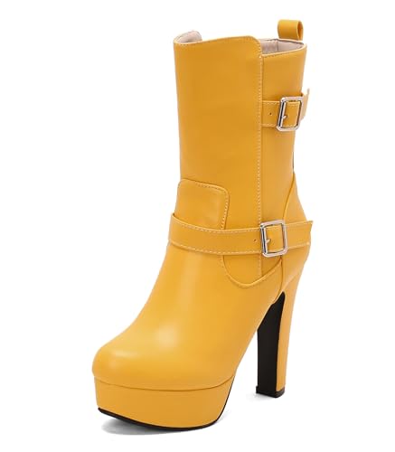 Asterisco Damen Plateau Hohe Stiefel Hohen Blockabsatz Reißverschluss Runde Zehen 240898 Gelb Gr 36.5 EU/37Cn von Asterisco