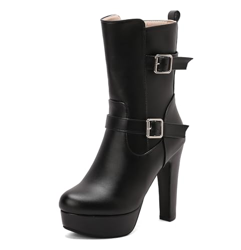 Asterisco Damen Plateau Hohe Stiefel Hohen Blockabsatz Reißverschluss Runde Zehen 240898 Schwarz Gr 45 EU/47Cn von Asterisco