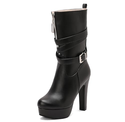 Asterisco Damen Plateau Hohe Stiefel Hohen Blockabsatz Reißverschluss Runde Zehen 240900 Schwarz Gr 45 EU/47Cn von Asterisco