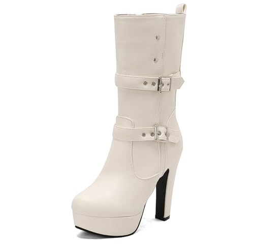 Asterisco Damen Plateau Hohe Stiefel Hohen Blockabsatz Reißverschluss Runde Zehen 240904 Weiß Gr 38 EU/39Cn von Asterisco