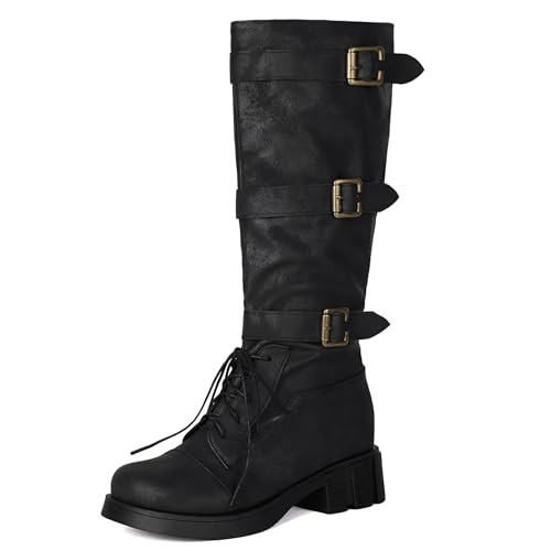 Asterisco Damen Plateau Kniehohe Stiefel Block Mitte Absatz Ohne Verschluss Pointed Toe 240845 Schwarz Gr 33 EU/32Cn von Asterisco