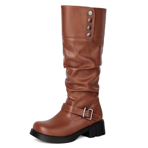 Asterisco Damen Plateau Kniehohe Stiefel Block Mitte Absatz Ohne Verschluss Runde Zehen 240873 Braun Gr 41 EU/43Cn von Asterisco