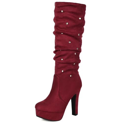 Asterisco Damen Plateau Kniehohe Stiefel Hohen Blockabsatz Ohne Verschluss Runde Zehen 240797 Rotwein Gr 37 EU/38Cn von Asterisco