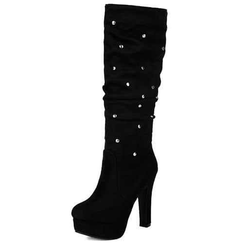 Asterisco Damen Plateau Kniehohe Stiefel Hohen Blockabsatz Ohne Verschluss Runde Zehen 240797 Schwarz Gr 40 EU/41Cn von Asterisco