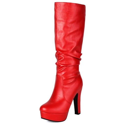 Asterisco Damen Plateau Kniehohe Stiefel Hohen Blockabsatz Ohne Verschluss Runde Zehen 240799 Rot Gr 42 EU/44Cn von Asterisco