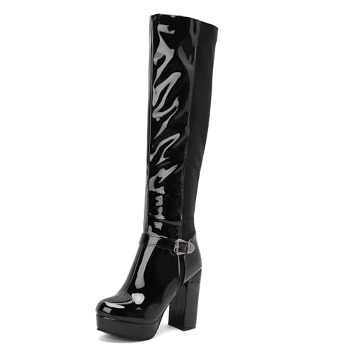 Asterisco Damen Plateau Kniehohe Stiefel Hohen Blockabsatz Reißverschluss Runde Zehen 240783 Schwarz Gr 34 EU von Asterisco