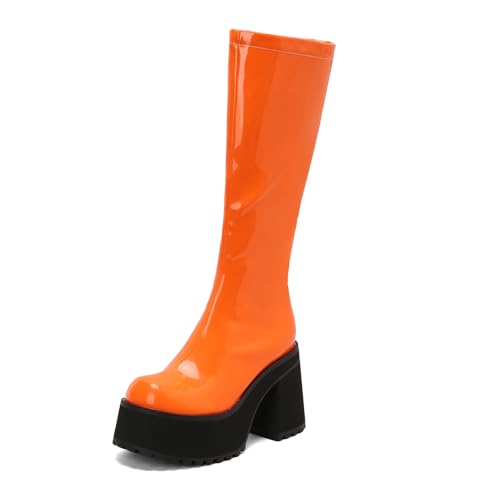 Asterisco Damen Plateau Kniehohe Stiefel Hohen Blockabsatz Reißverschluss Runde Zehen 240819 Orange Gr 36.5 EU/37Cn von Asterisco