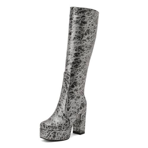 Asterisco Damen Plateau Kniehohe Stiefel Hohen Blockabsatz Reißverschluss Square Toe 240786 Schwarz Gr 34 EU von Asterisco