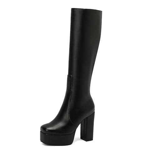 Asterisco Damen Plateau Kniehohe Stiefel Hohen Blockabsatz Reißverschluss Square Toe 240885 Schwarz Gr 36 EU von Asterisco