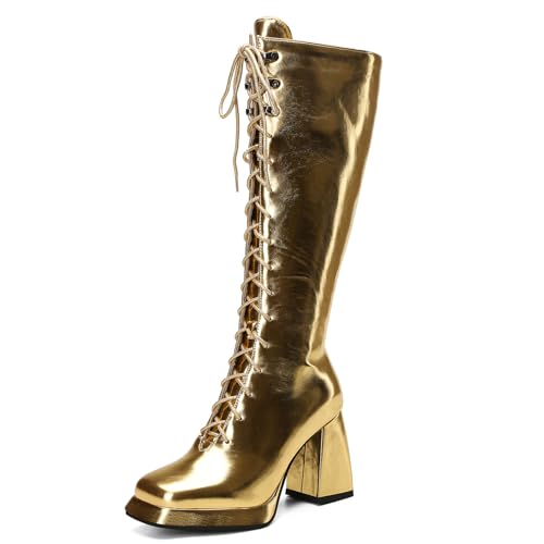 Asterisco Damen Plateau Kniehohe Stiefel Hohen Blockabsatz Reißverschluss Square Toe 240929 Gold Gr 37 EU/38Cn von Asterisco