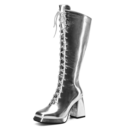 Asterisco Damen Plateau Kniehohe Stiefel Hohen Blockabsatz Reißverschluss Square Toe 240929 Silber Gr 40.5 EU/42Cn von Asterisco