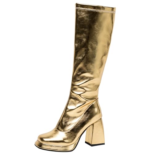 Asterisco Damen Plateau Kniehohe Stiefel Hohen Blockabsatz Reißverschluss Square Toe 240943 Gold Gr 39 EU/40Cn von Asterisco