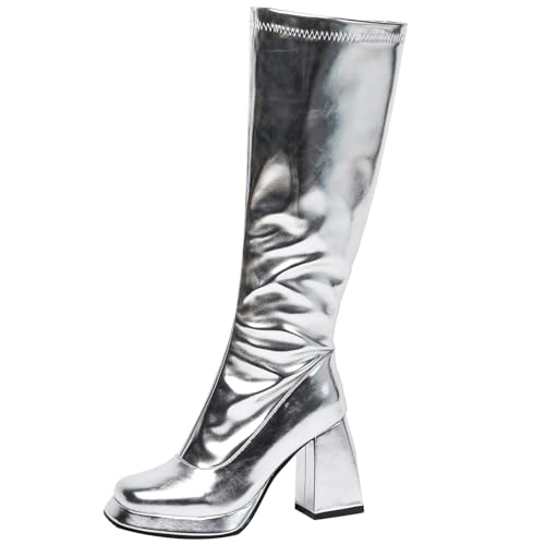 Asterisco Damen Plateau Kniehohe Stiefel Hohen Blockabsatz Reißverschluss Square Toe 240943 Silber Gr 34 EU von Asterisco