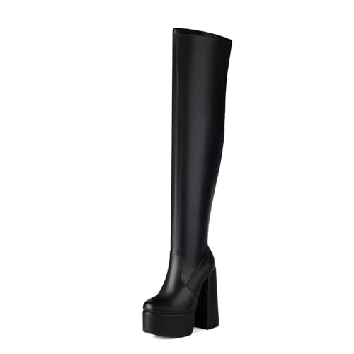 Asterisco Damen Plateau Overknee Stiefel Hohen Blockabsatz Reißverschluss Runde Zehen 240837 Schwarz-Pm Gr 41 EU/43Cn von Asterisco