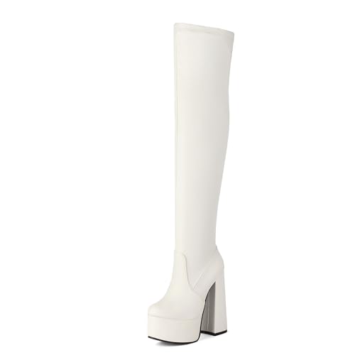 Asterisco Damen Plateau Overknee Stiefel Hohen Blockabsatz Reißverschluss Runde Zehen 240837 Weiß Gr 36.5 EU/37Cn von Asterisco