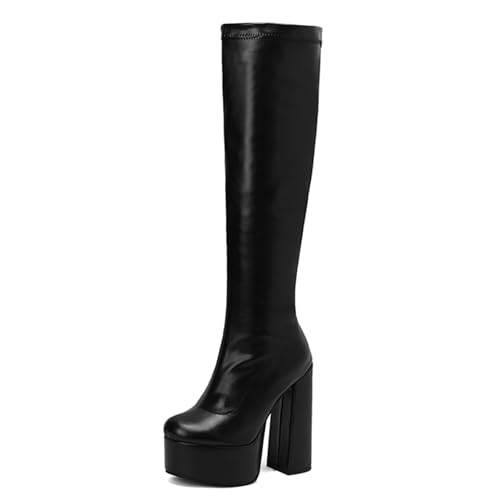 Asterisco Damen Plateau Overknee Stiefel Hohen Blockabsatz Reißverschluss Runde Zehen 240886 Schwarz Gr 35 EU von Asterisco