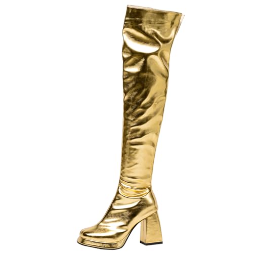 Asterisco Damen Plateau Overknee Stiefel Hohen Blockabsatz Reißverschluss Square Toe 240942 Gold Gr 41 EU/43Cn von Asterisco