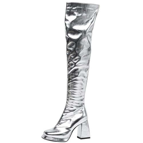 Asterisco Damen Plateau Overknee Stiefel Hohen Blockabsatz Reißverschluss Square Toe 240942 Silber Gr 36.5 EU/37Cn von Asterisco