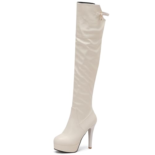 Asterisco Damen Plateau Overknee Stiefel Stiletto Höhe Ferse Reißverschluss Runde Zehen 240908 Weiß Gr 36 EU von Asterisco